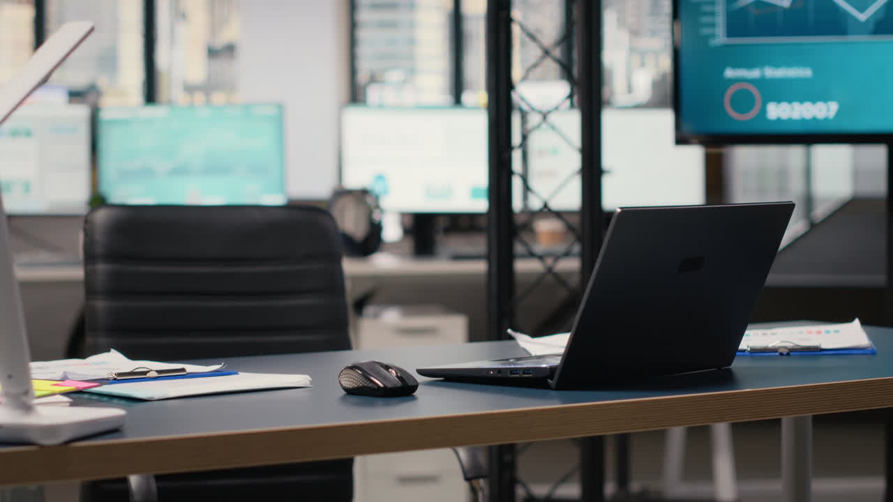 Vertical Video Sleek boardroom empty with technology and business documents