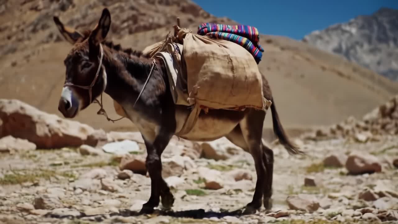 A Resilient Pack Mule Navigating Rocky Terrain with Traditional Loads Amidst Majestic Mountain Landscapes and Bright Blue Skies