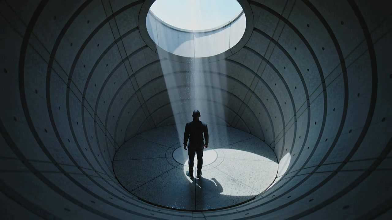 Entering man in helmet, boots walking into beam in round concrete shaft, inspecting under skylight
