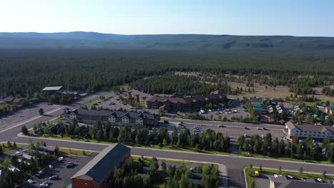 west yellowstone, a small town at the entrance to yellowstone national park. drone flight over motels and restaurants.