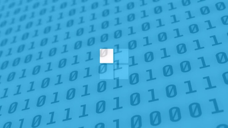 Animation of squares loading and binary coding data processing over blue background