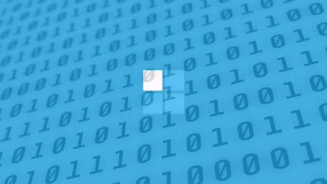 animación de cuadrados de carga y procesamiento de datos de codificación binaria sobre fondo azul