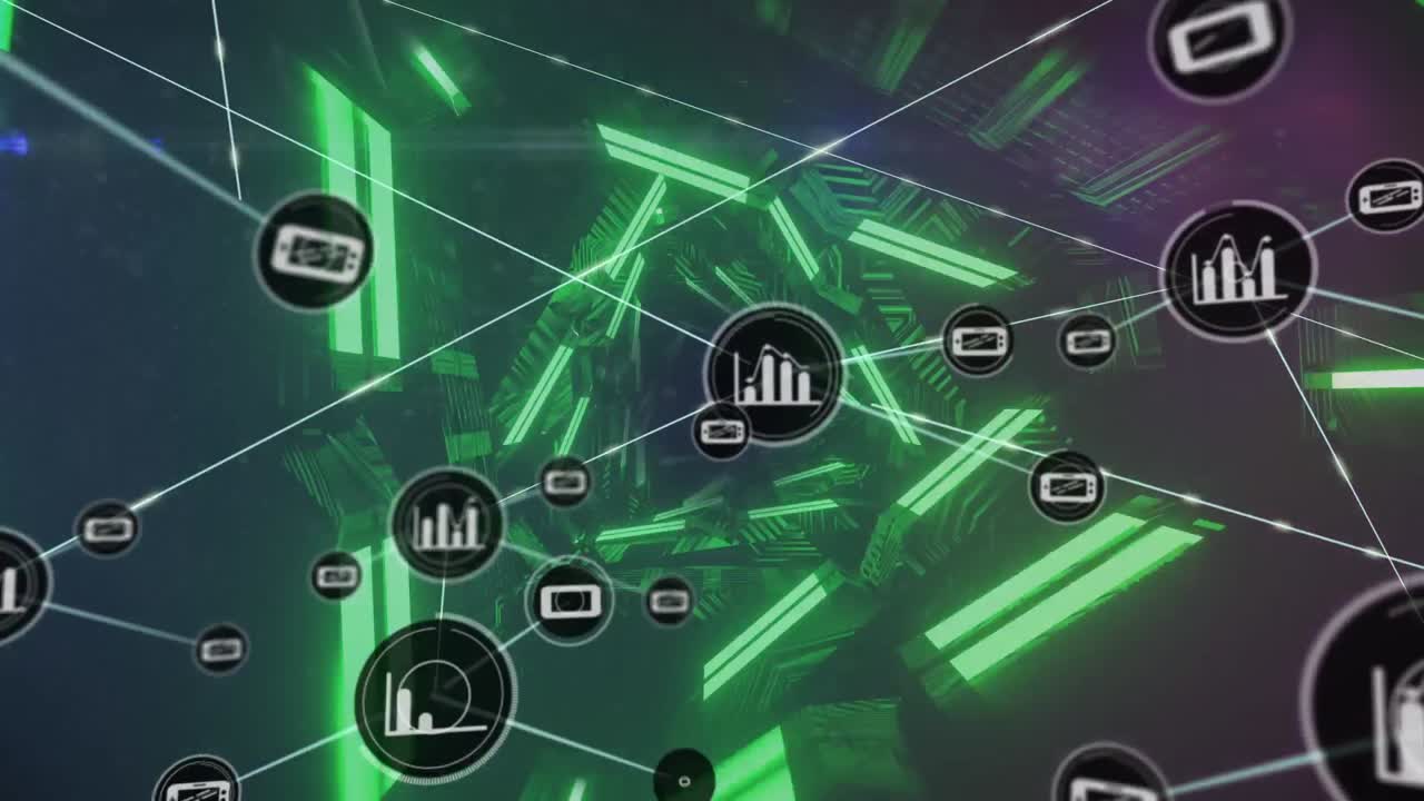 Animation of network of connections over neon geometrical shapes