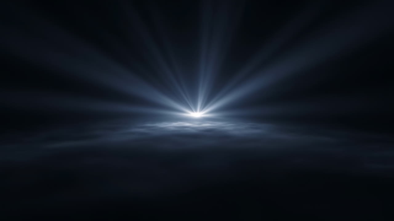 Dramatic Spotlight Beam Cutting Through Haze Over Dark Stage, Radial Light Rays And Misty Floor Create