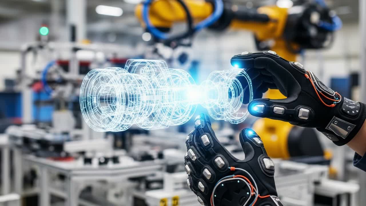 Advanced Technology Demonstration: A Skilled Technician Manipulates a Holographic Representation of Complex Mechanical Components Using High-Tech Gloves in a Modern Automation Environment