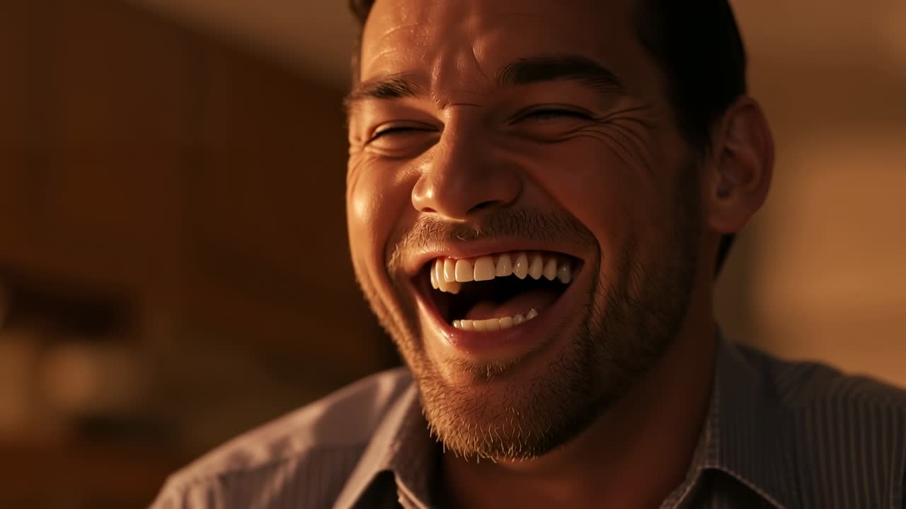 Voksen mand, der ser et signal uden for kameraet, går fra smil til høj latter derhjemme, iført en skjorte med krave.