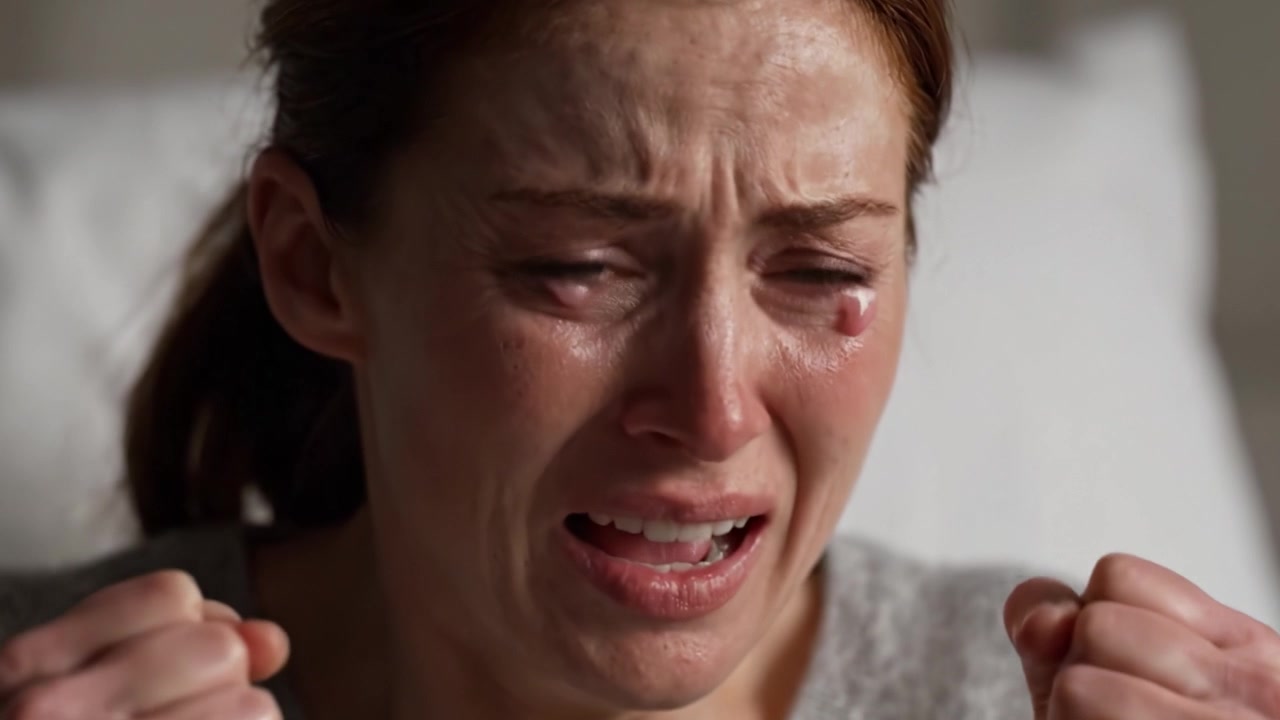 A poignant portrayal of raw emotion and anguish, capturing a woman's heartfelt struggle as she faces overwhelming sadness and despair in a critical moment of her life.