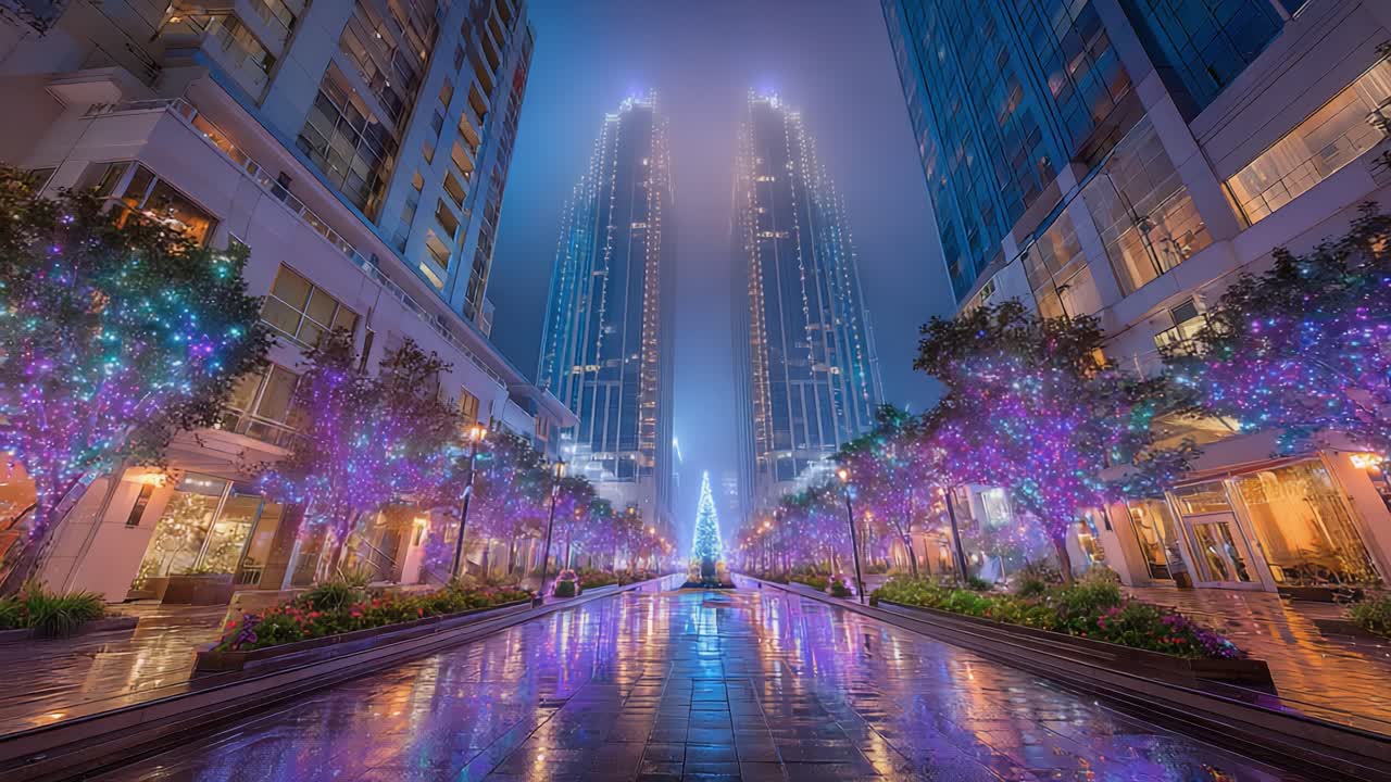 A Stunning Night View of Two Towering Skyscrapers Surrounded by Colorful Lights and Reflective Surfaces in a Modern Urban Landscape