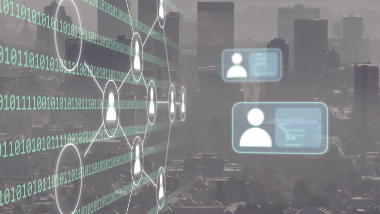 Animation of network of connections with icons and binary coding over cityscape