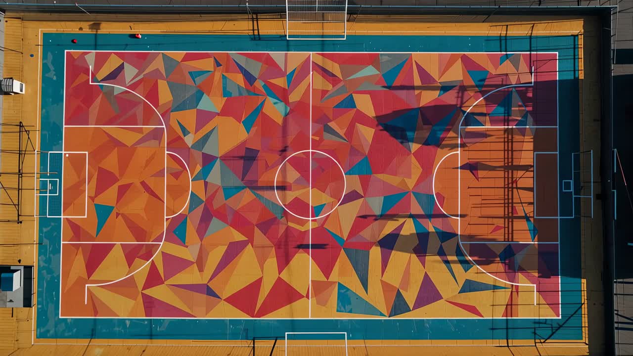 Drone in discesa che rivela un campo sportivo sul tetto, mostrando un murale vivace, linee bianche e ombre del canestro.
