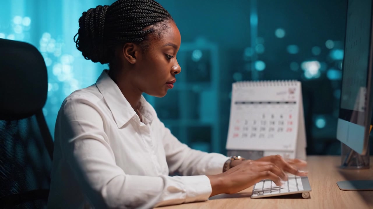 Focused Individual Working Late at Night on Computer with Calendar in Background, Highlighting Productivity in a Modern Office Environment