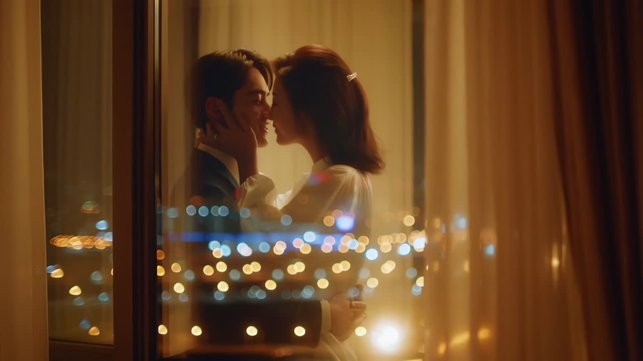 A couple sharing a romantic kiss by a window overlooking city lights at night