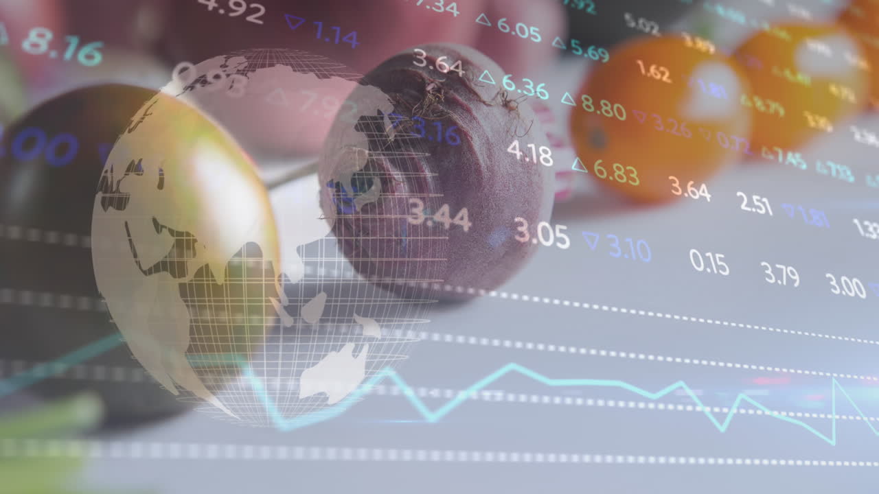 animación de la junta de negociación con números cambiantes moviéndose sobre verduras frescas en el mostrador de la cocina