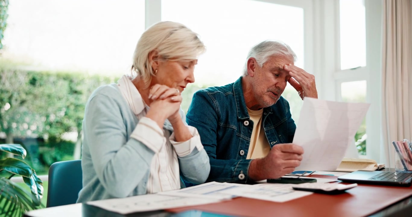 Stressed Senior Couple Reviewing Financial Documents at Home