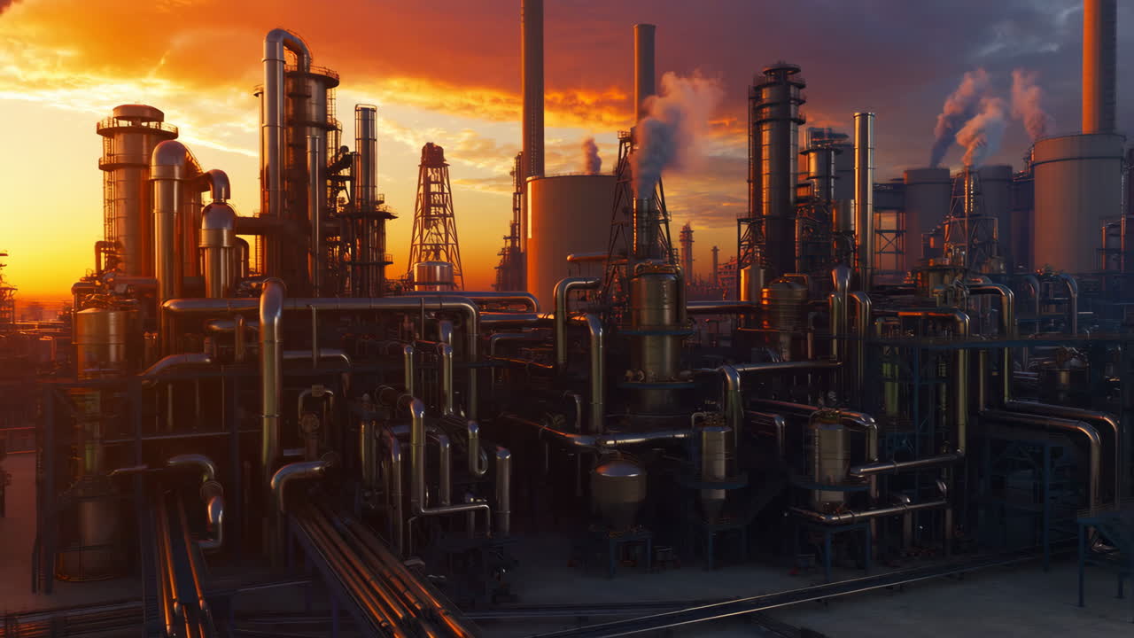 Industrial Oil Refinery at Sunset