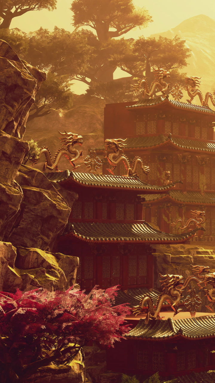 Stunning ancient architecture surrounded by vibrant nature at sunset
