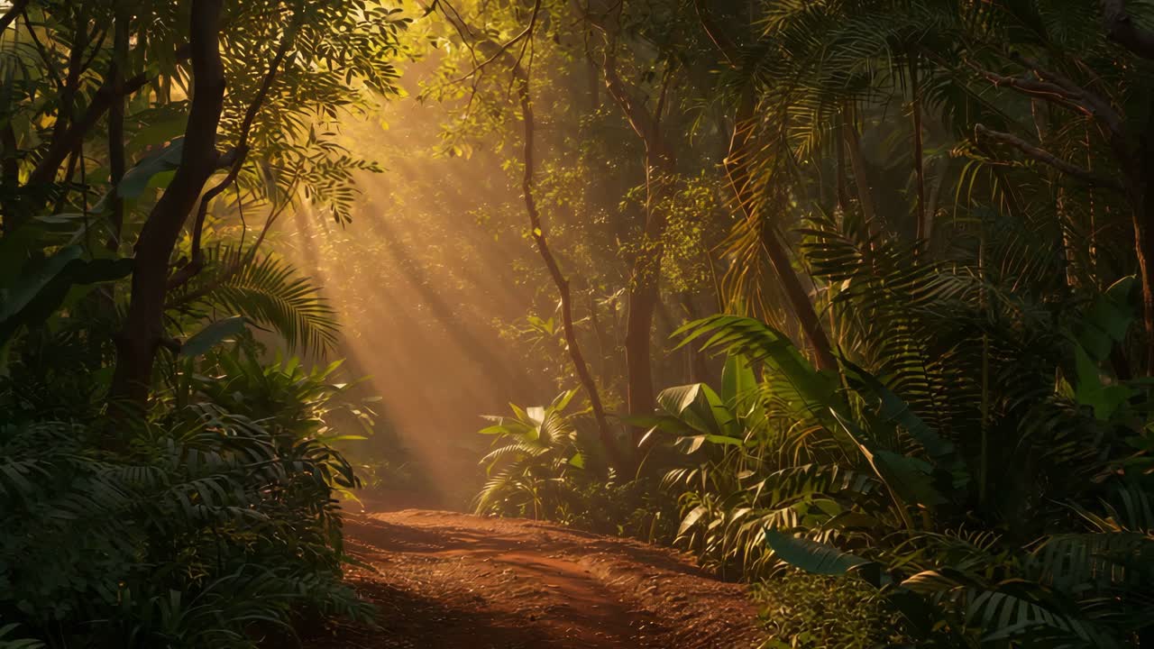 Solbeskinnet sti gennem en frodig jungle
