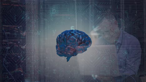 el cerebro gira sobre el procesamiento de datos de seguridad cibernética contra un ingeniero caucásico que usa una computadora portátil.