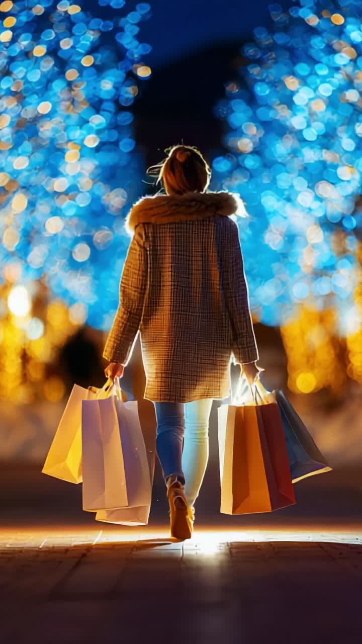 Joyful Evening Shopping Experience with Holiday Lights, Beauty of Nature, and Urban Charm Captured in a Nighttime Scene of Festive Atmosphere and Shopping Bags