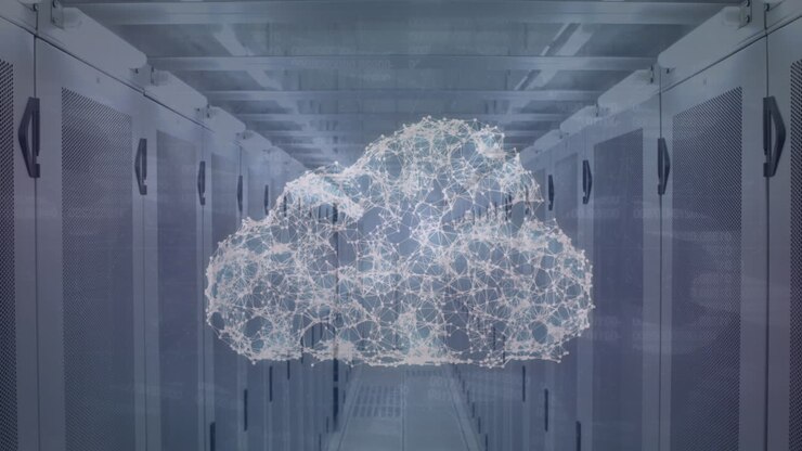 Animation of connected dots forming cloud against server room in background