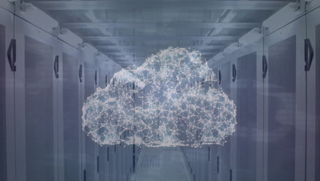 animazione di punti collegati che formano una nuvola contro la stanza del server in sottofondo