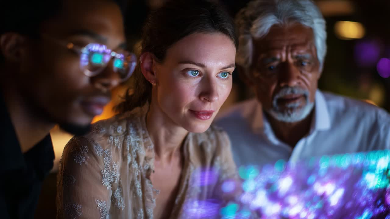 Focused Collaboration Among Diverse Individuals Analyzing Digital Data on a Screen with Colorful Visualizations in a Modern Indoor Setting, Reflecting Teamwork and Innovation in Technology