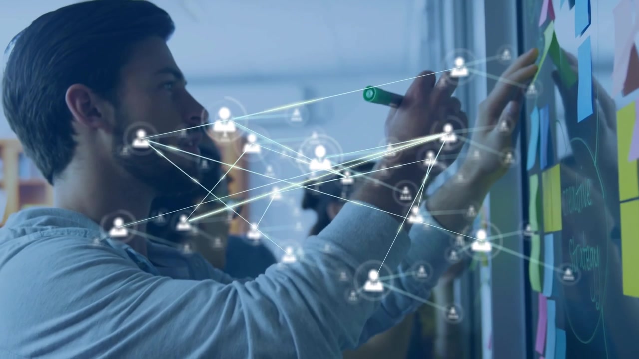 Business Team Brainstorming with Digital Network Overlay in Office