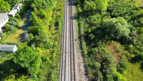 Reveal-of-long-double-train-track-going-through-forest-and-rural-surroundings