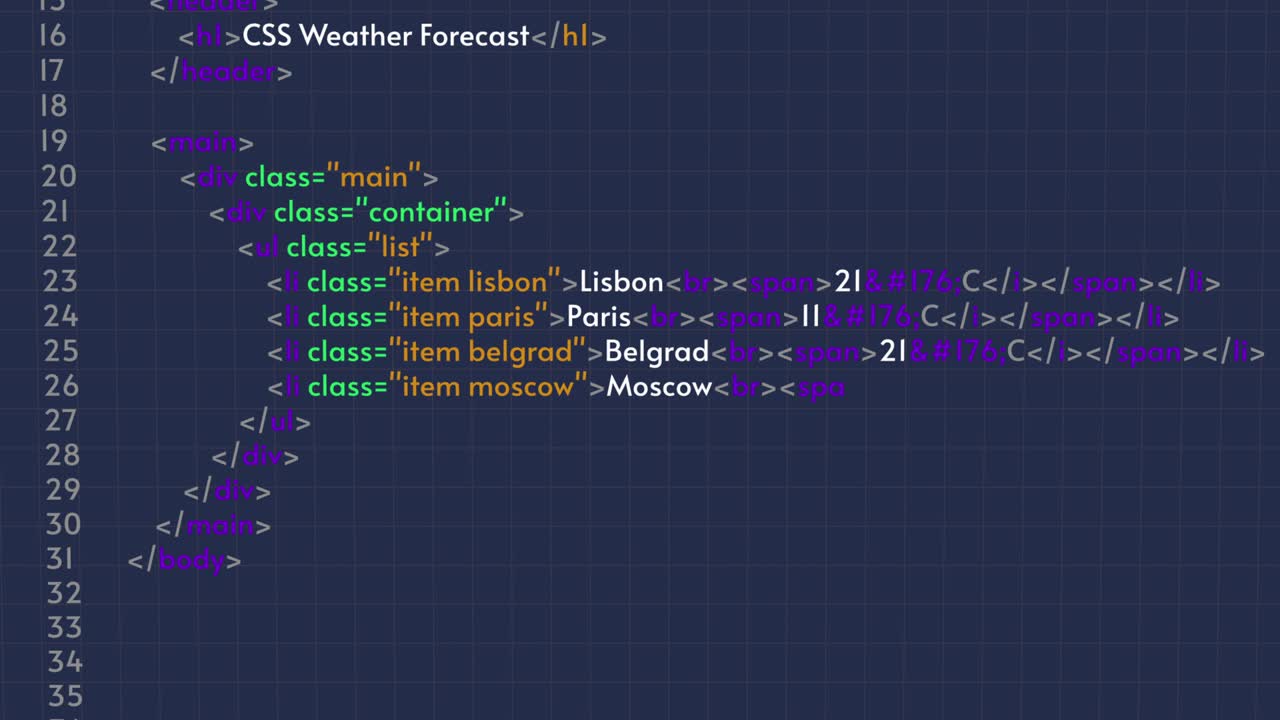 Simple HTML code animation, programming process. Blue screen background