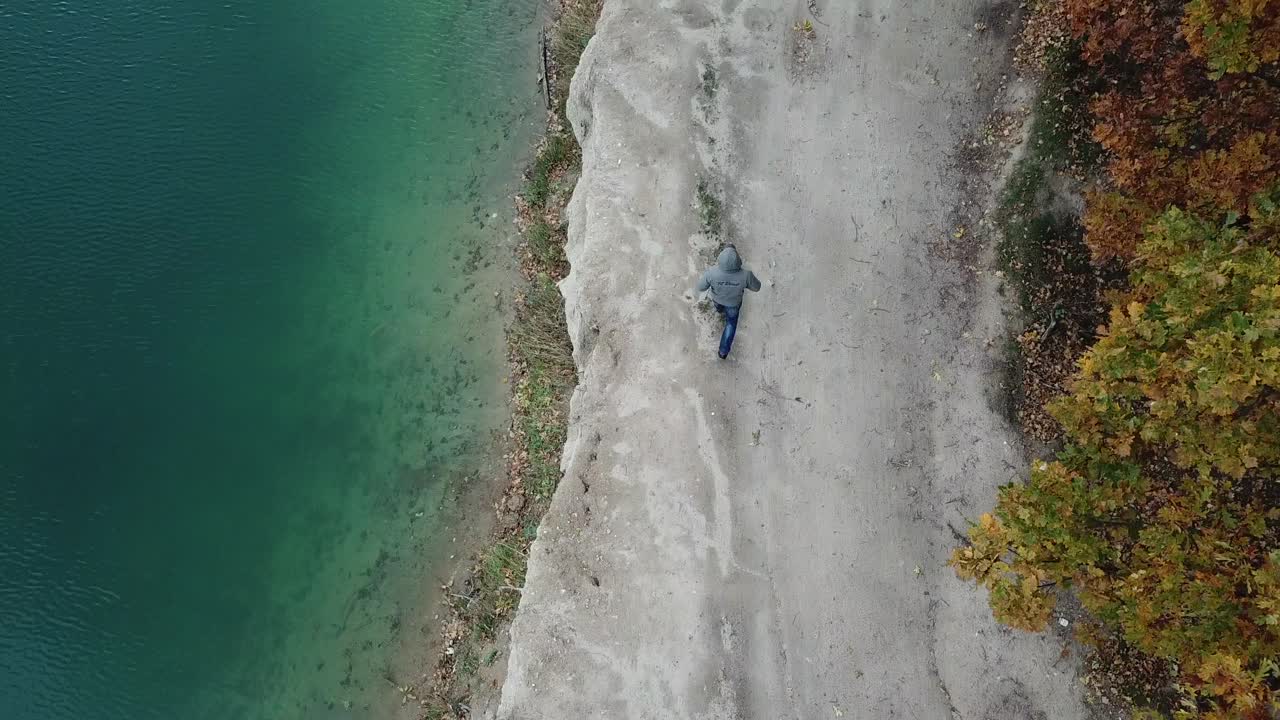 Man walking along lake. Aerial view of man walking along lake with forest