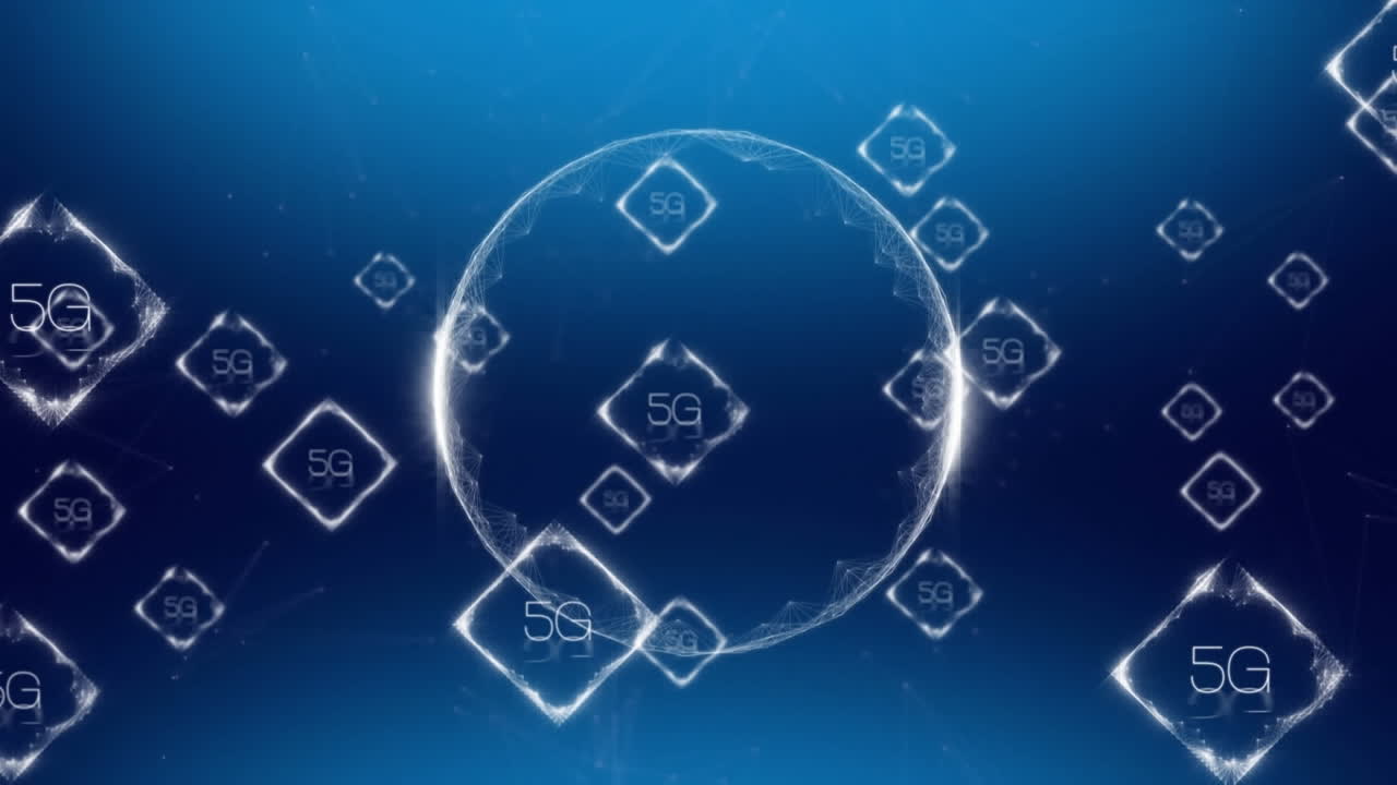 다중 5g 텍스트 배너의 애니메이션은 파란색 그라디언트 배경에 대해 회전하는 지구 위에 떠 있습니다.