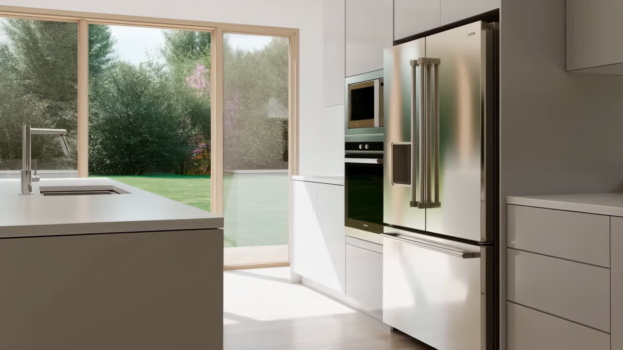 A modern kitchen interior featuring stainless steel appliances and a large window overlooking a lush green backyard