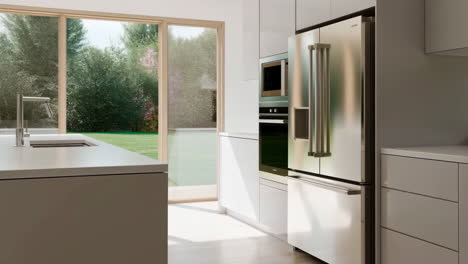a modern kitchen interior featuring stainless steel appliances and a large window overlooking a lush green backyard