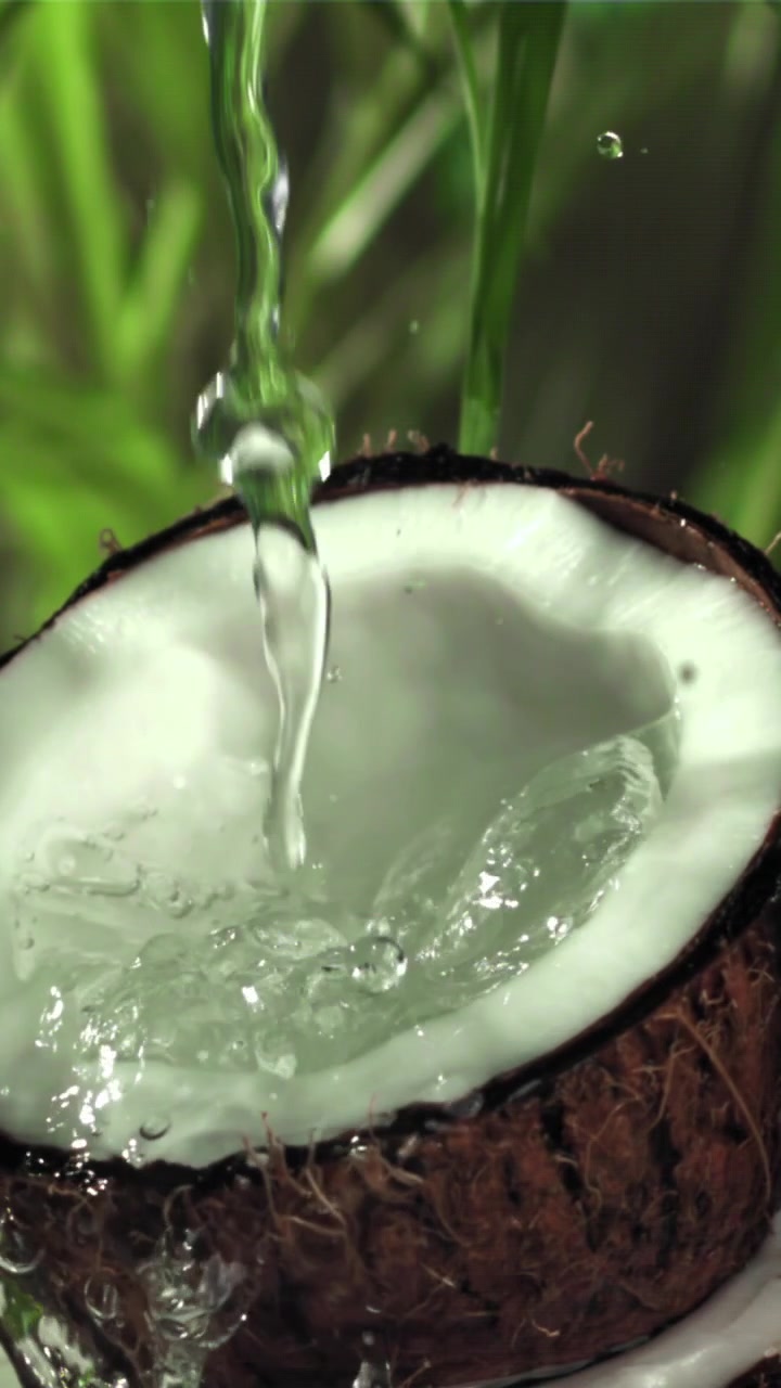 Refreshing Water Pouring into a Fresh Coconut Half