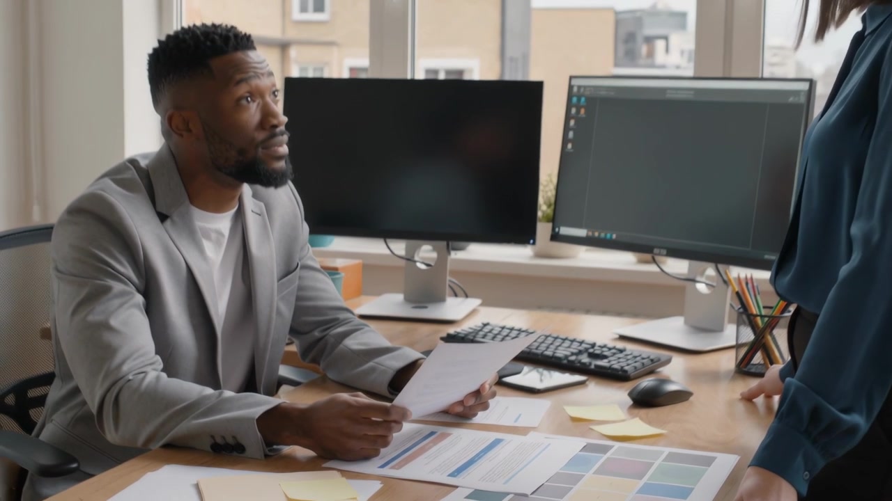Homme en blazer, assis à son bureau, examinant des échantillons de couleur et discutant d'une feuille avec un collègue qui s'approche.