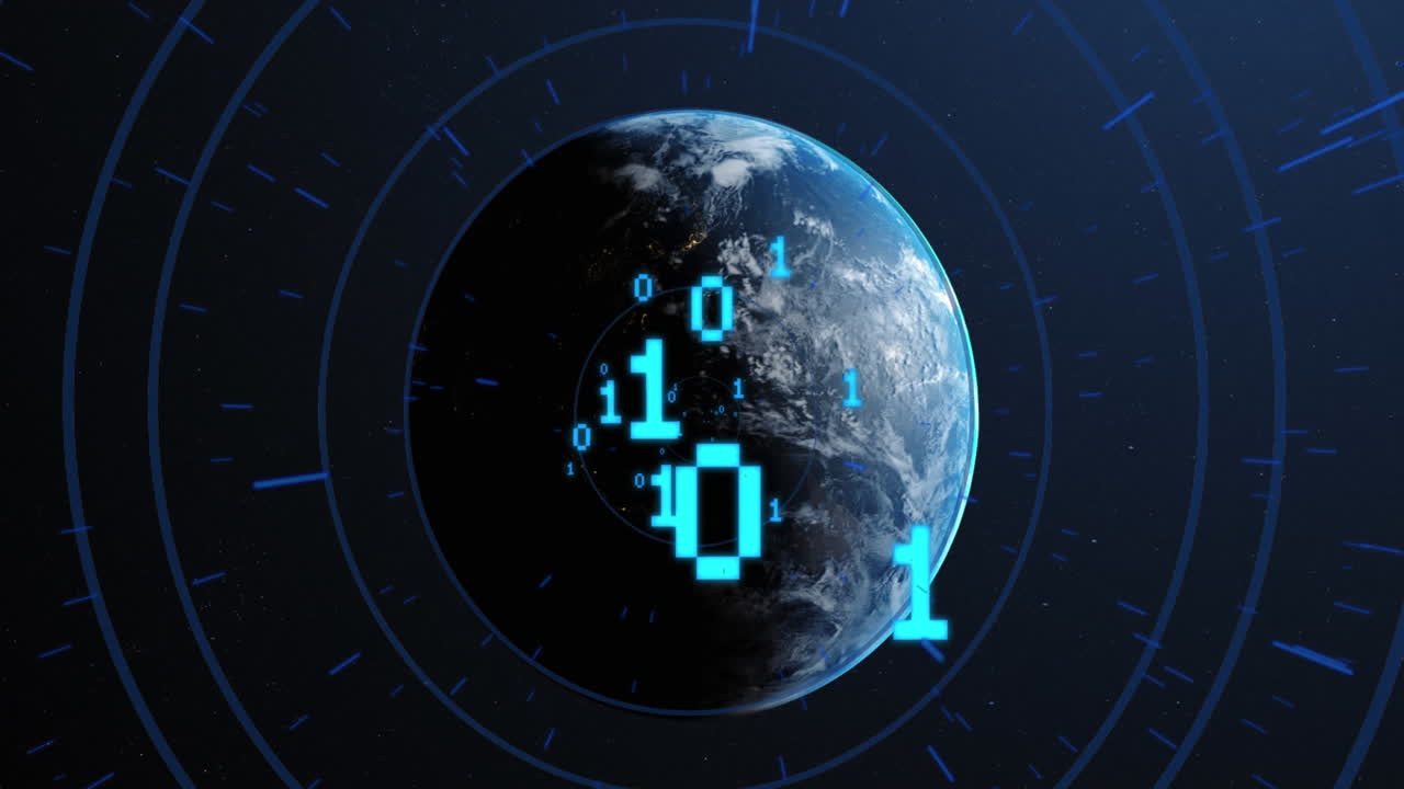 Animation of binary coding and globe on black background