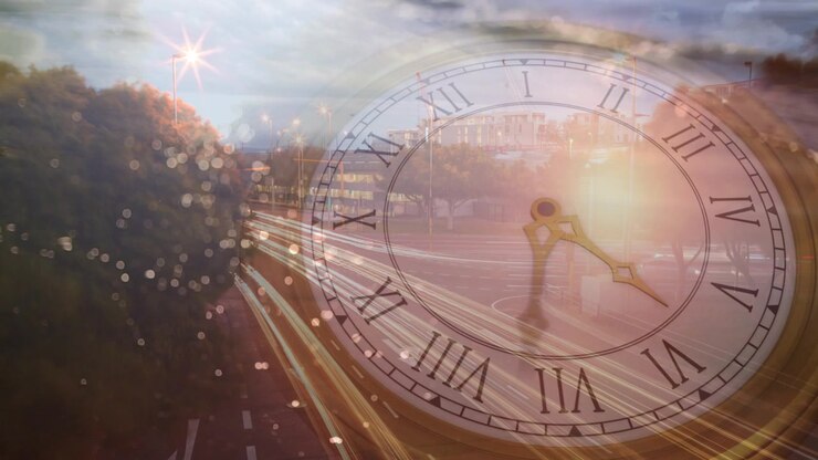 Mano che avvia la rotazione, orologio antico che gira, luci che attraversano la strada, costa che appare, indicando il tempo