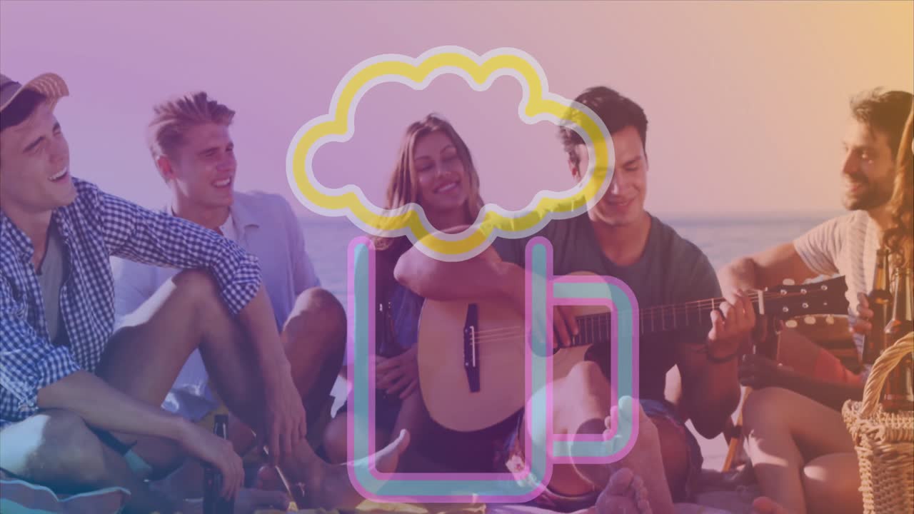 animación del icono de la cerveza sobre un grupo diverso de amigos bebiendo cerveza y tocando la guitarra