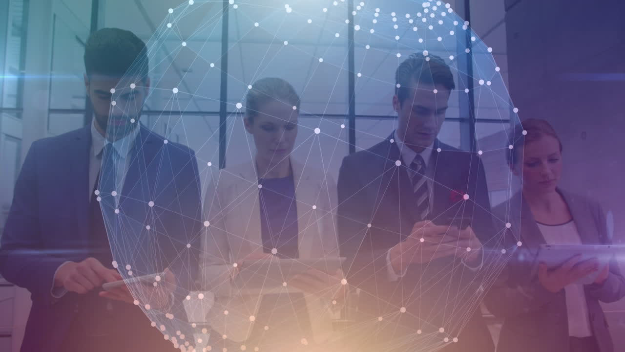 Animation of globe with network of connections over business people using electronic devices