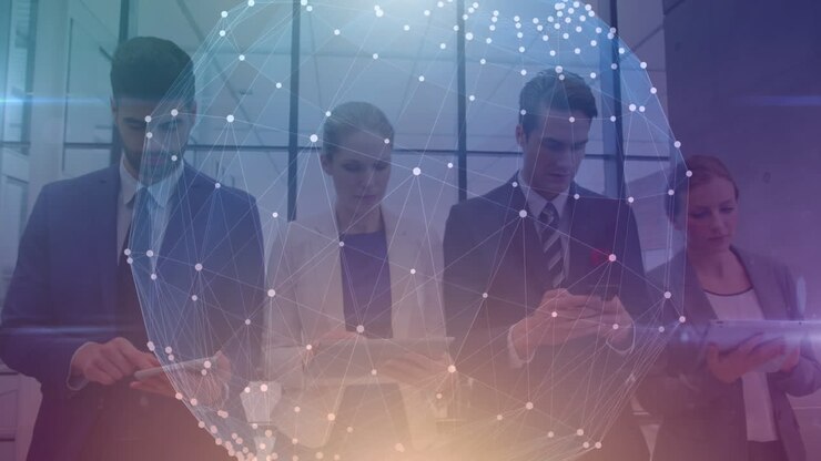 Animation of globe with network of connections over business people using electronic devices