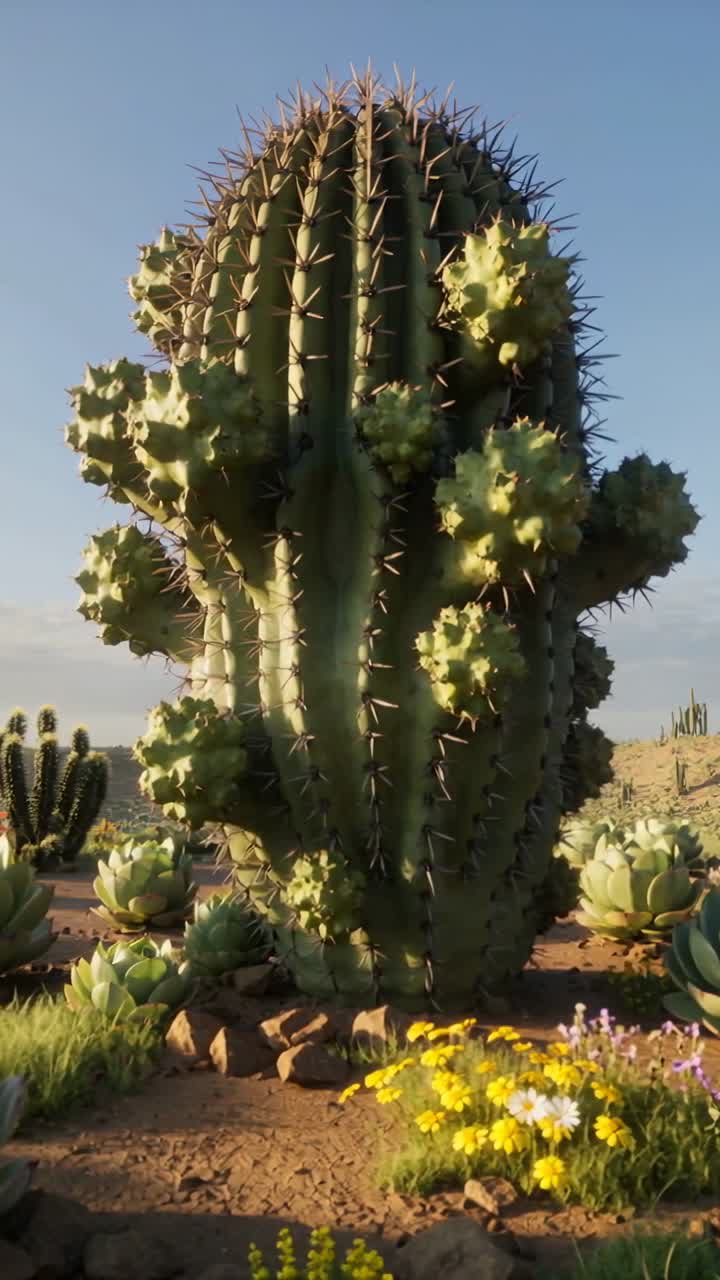 Video verticale: Telecamera che si avvicina a un cactus alto in un giardino desertico, evidenziando creste e margherite.