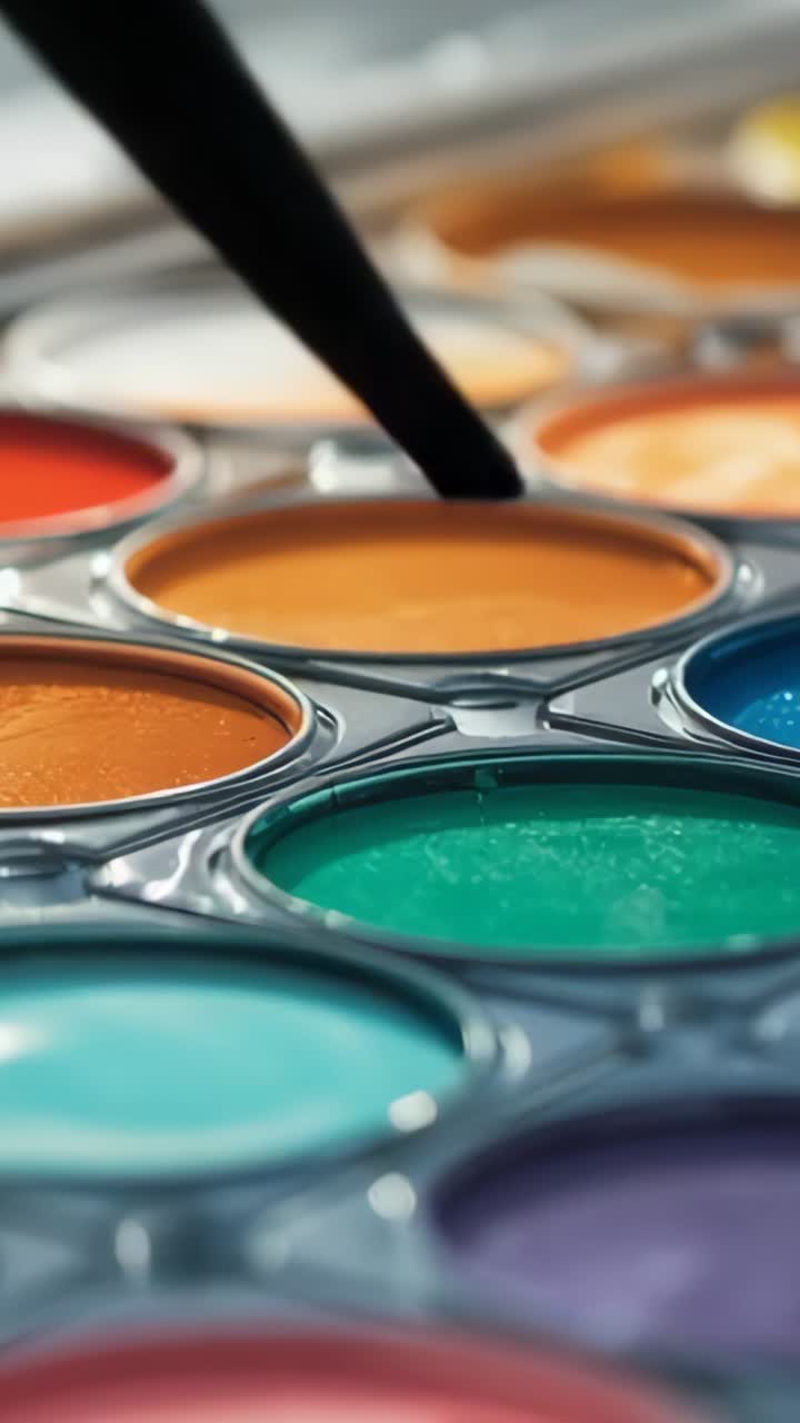 Vertical video: Paintbrush entering frame and dipping into watercolor tray on desk, loading pigment