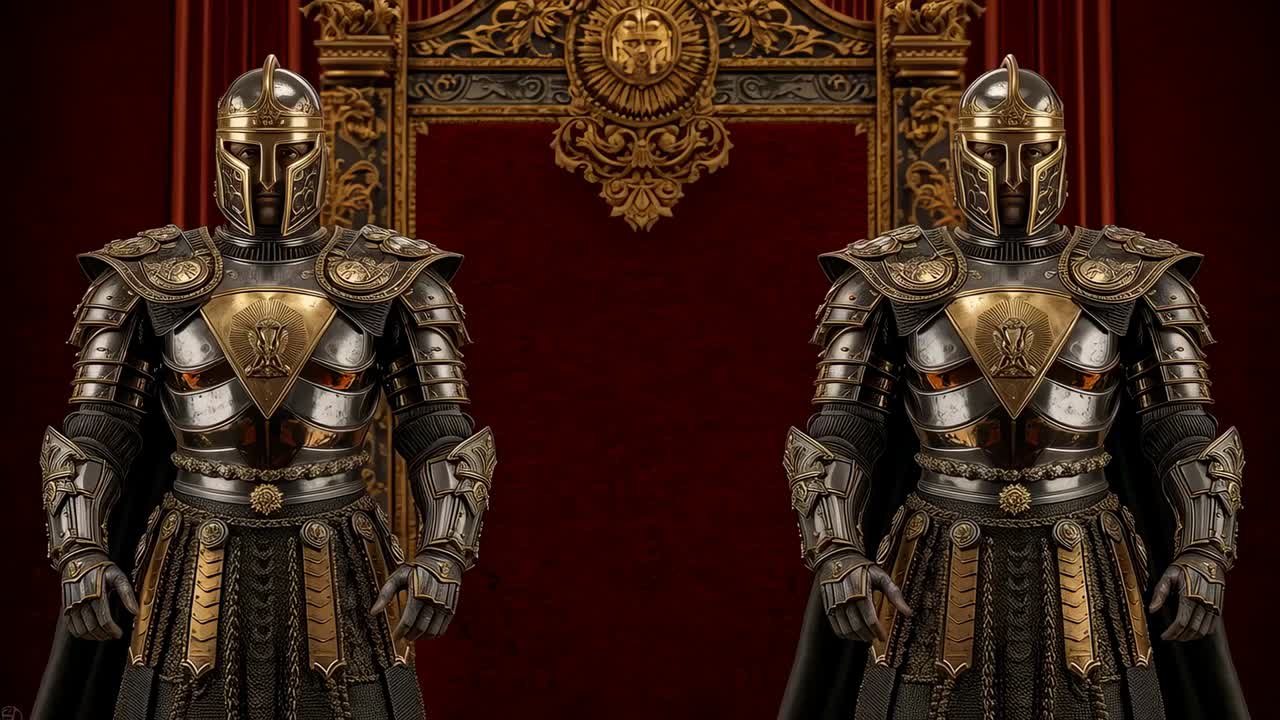 Camera zooming, revealing two ornate suits and showing metalwork detail in throne room, medallion