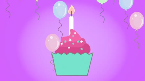 animación de vela encendida de cumpleaños en cupcake y múltiples globos sobre fondo púrpura