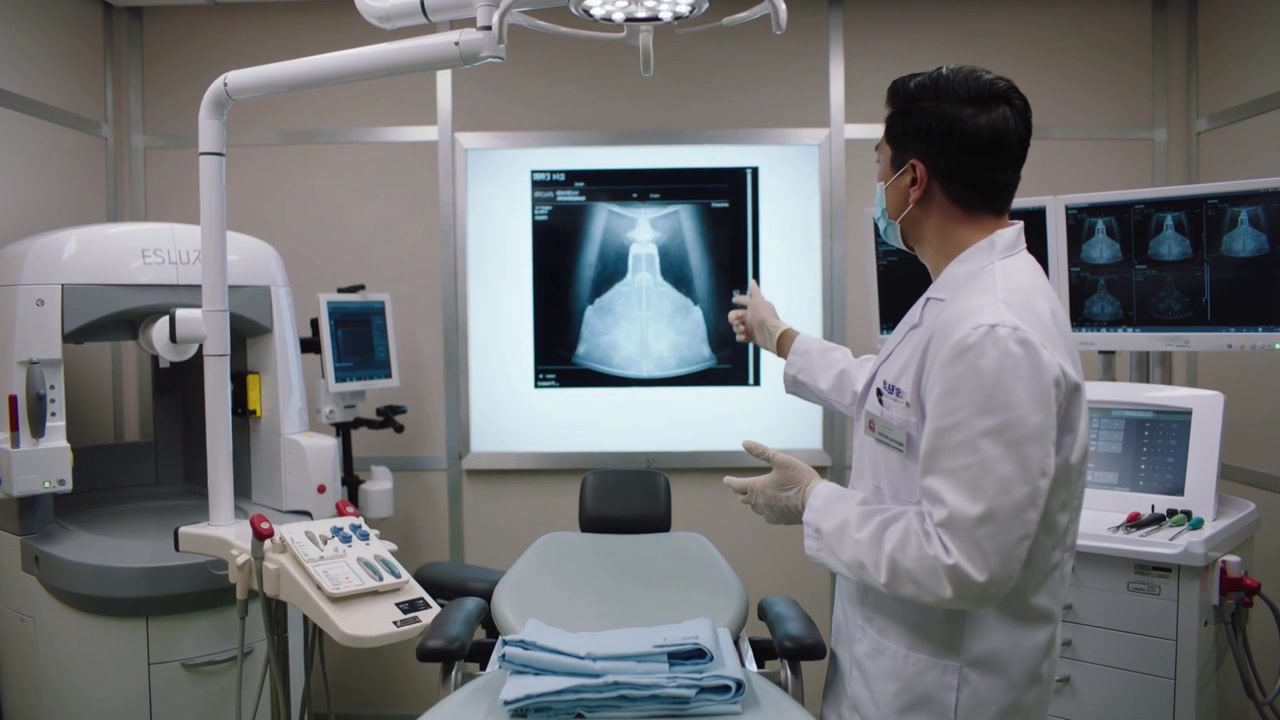 Pointing doctor in white-coat mask gloves after scan explaining pelvic X-ray in clinic, copy space