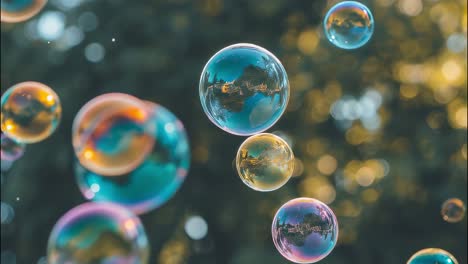 soap bubbles floating gracefully in the air, reflecting the vibrant landscape and creating a mesmerizing bokeh effect against a softly blurred background filled with color