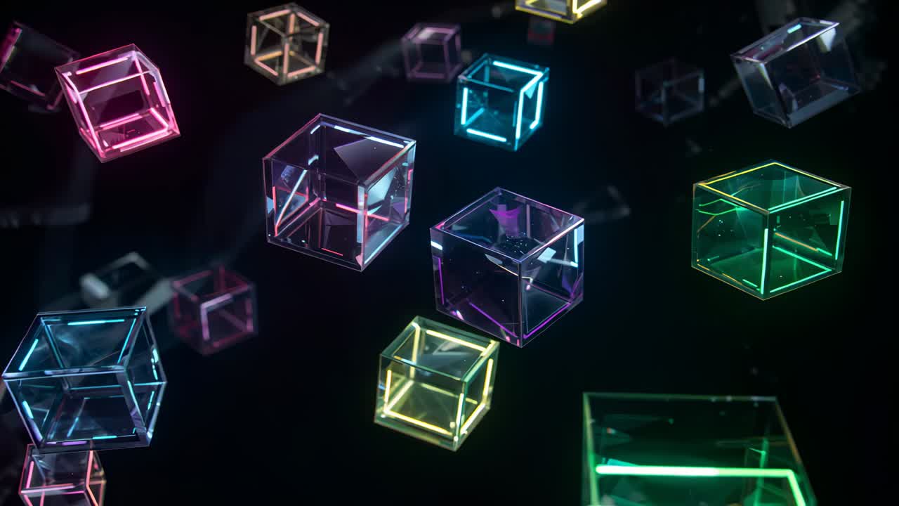 Moving camera bringing green cube to right in dark void, revealing internal reflections