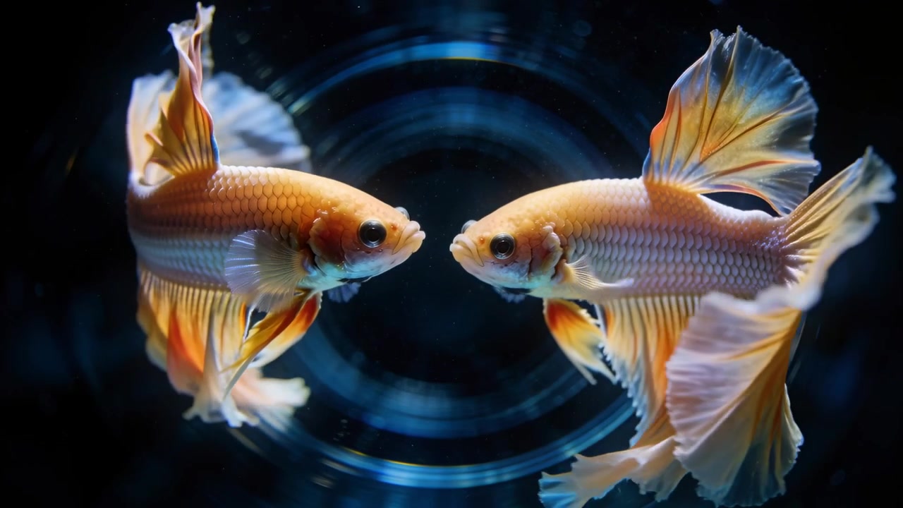 Girando dopo un confronto, due pesci betta oro pallido che si muovono in un acquario rotondo trasparente, con illuminazione blu.