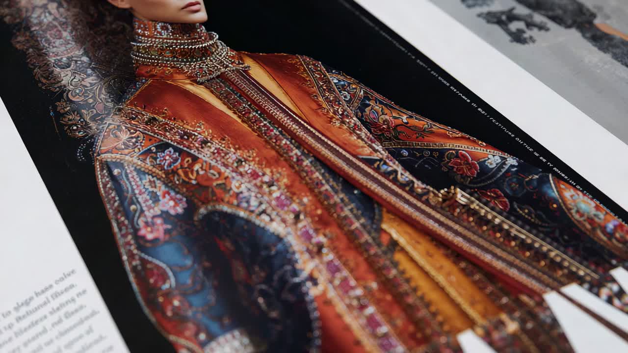 Panning handheld camera starting wide, showing beaded collar and embroidered robe on magazine