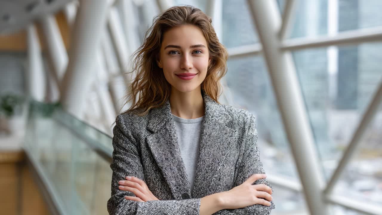 A confident young woman in a stylish gray blazer stands in a modern indoor space, exuding warmth and professionalism with her friendly smile and poised posture